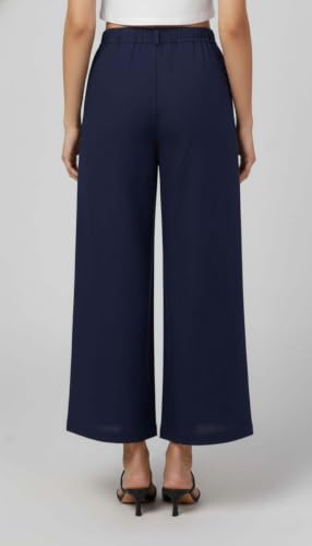 Image of GRECIILOOKS Linen Ankle Length Casual Trousers for Women | Regular Fit Linen Pants with Elastic Closure | Summer Loose Fit Daily Outfit Pants for Women