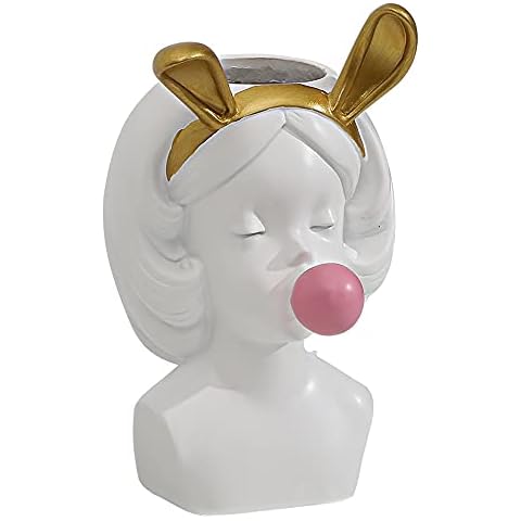 Hosoncovy Resin Vase Cute Rabbit Ear Girl Bubble Gum Vase Face Vase Plant Pot Small Vase Decorative Vase Flower Vase Makeup Brush Organizer Pen Holder for Home Decoration Ornament (White) Cover