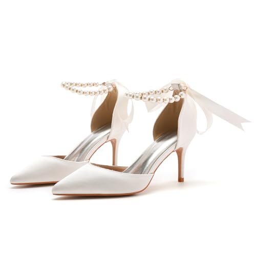 Wedding Shoes for Women Bridal Shoes Pearl Heels Closed Toe Pumps Silk-Like Satin Kitten Heel 3 Inch Bridal Heels for Bride Wedding Party Evening Casual4