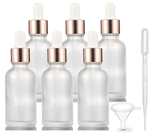 6 Pack Frosted Glass Essential Oil Dropper Bottle - Empty Liquid Container With Rose-Golden Caps, Eye Dropper, Pipette & Funnel - Travel Perfume Cosmetic Container (30ml/1 Ounce) - Main Image