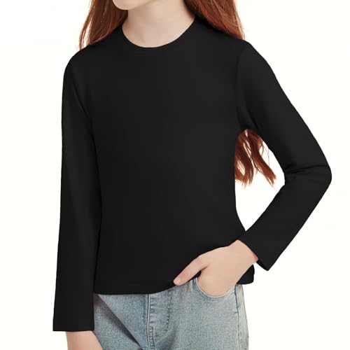 Girls Long Sleeve T-Shirts Soft Basic Crewneck Tees for Kids Everyday Casual Tops Black 130