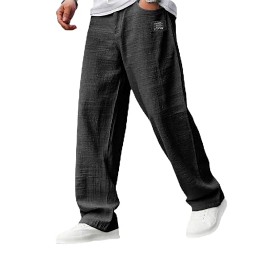 Mokaloha Mens Pants, Cocoparo Men's Casual Hemp Fabric Embroidered Logo Drawstring Loose Elastic Waist Pocket Trousers