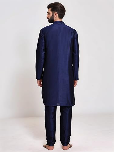 Image of SKAVIJ Men's Art Silk Solid Kurta Pyjama Set Festive Woven Design 2-Piece Ethnic Dress (KP055blue Blue S)