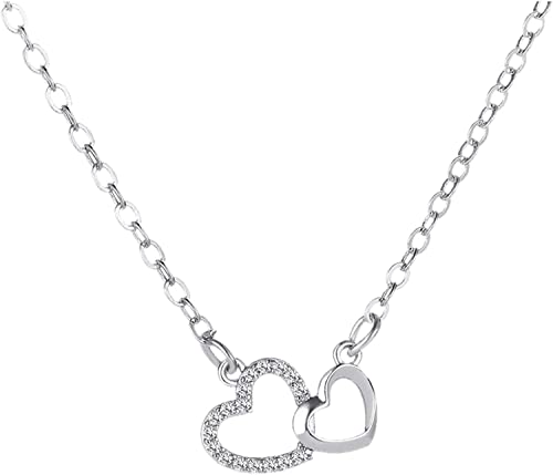 Women Double Heart Diamond Necklace Crystal Love Charm Choker Pendant