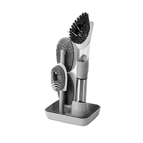 Foto von Spülbürste, Seifenspender Spülbürsten-Set mit 4 Ersatzköpfen und Aufbewahrungshalter, Küchen-Scheuerbürste für Spülbecken-Reinigung, Grau