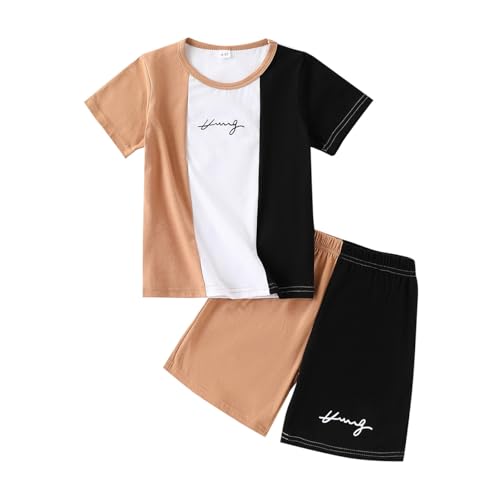 Image of Ayzozuy Boy Clothes Colorblock Top + Drawstring Waist Shorts 2 Pieces Kid Summer Outfits Set