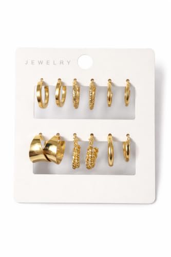 6 Pairs Gold Plated Hoop Earrings Set for Women | Stainless Steel...