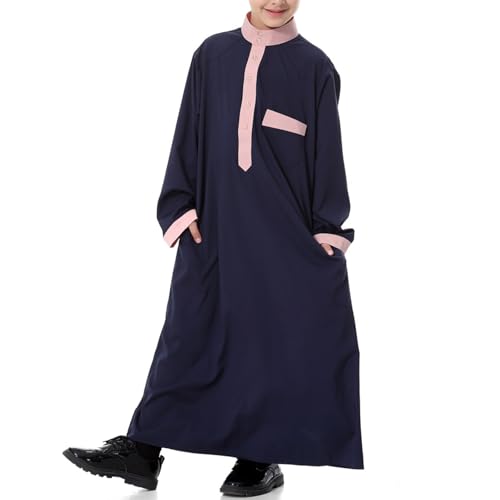 Boys Muslim Thobe Kids Long Sleeve Muslim Kaftan Button Stand Collar Solid Color Prayer Clothes Eid Outfits with Pocket3