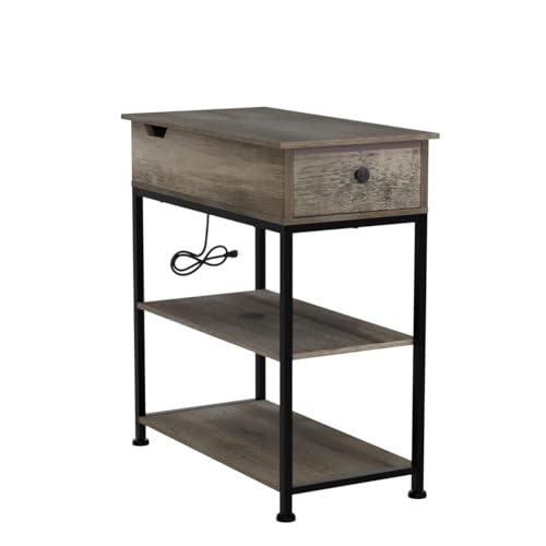WLIVE Narrow Side Table with 2 USB Ports and 2 Outlets, Flip Top End Table with Drawer and Storage Shelves, Small Nightstand with Charging Station for Living Room/Bedroom, Greige