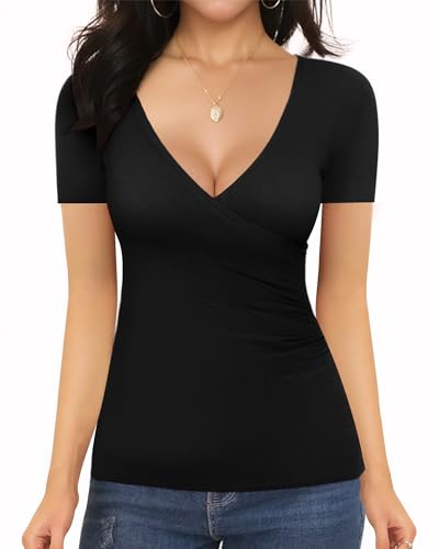 MANGOPOP Women's Cross Wrap Ruched Plunge Sexy Deep V Neck Slim Fit Short Sleeve T Shirt Tunic Tops Tee2