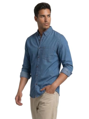 Image of Amazon Brand - INKAST Men Washed Cotton Twill Denim Casual Button Down Shirt | Full Sleeves | Regular Fit | Stylish Summer - Everyday Wear
