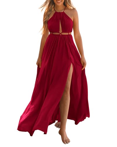 BTFBM Women Halter Summer Dresses 2026 Sleeveless Cutout Backless Sundress Slit Boho Maxi Beach Wedding Guest Dress(Red, Medium)