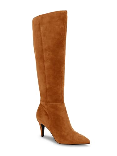 Coutgo Womens Wide Calf Knee High Boots Stiletto High Heel Pointed Toe Side Zipper Suede Long Boots Winter Shoes