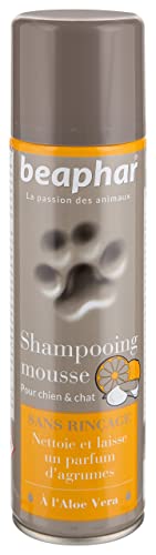 BEAPHAR – Shampoing mousse sans rinçage à l'Aloe Vera pour chien et chat – Nettoie, nourrit, protège et parfume le poil aux agrumes – Pratique et facile à utiliser – Flacon 250 ml