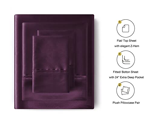 Lanest Housing Satin Sheets Queen Size Sets, Silky Soft Fade Resistant Bed Sheets With 1 24'' Extra Deep Pocket Fitted Sheet, 1 Flat Sheet, 2 Pillowcases(Purple, Queen) #TOP5