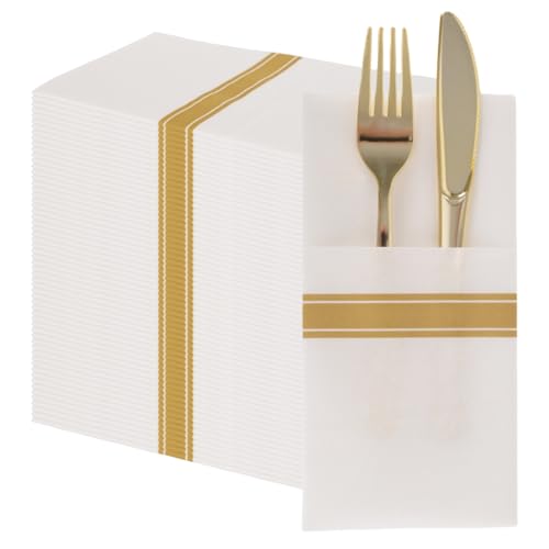 50 Stück Servietten mit Leinenoptik und Bestecktasche, PHUNAT Hochzeits- und Party-Servietten in Weiß und Gold, vorgefaltete Servietten, 40x40 cm