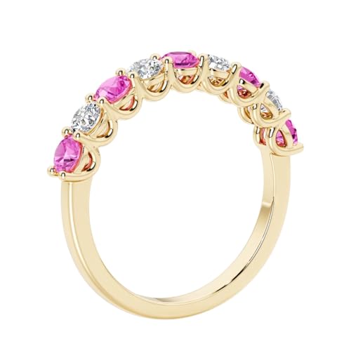 14k White or Yellow Gold Lab Grown Pink Sapphire and Diamond Nine-Stone Half Eternity Ring, 1.70 Carat, September Birthstone, Anniversary Wedding Band, Birthday Gift for Women w/ Jewelry Box, Sz 4-103