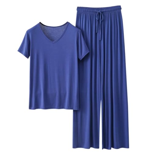 Conjunto de pijama largo para mujer, tela modal fina de color sólido, camiseta de manga corta con cuello en V y pantalones de longitud completa, ropa de descanso ligera para el hogar, azul, M