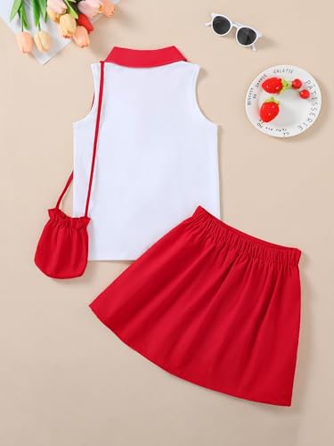 Image of Girls 2 Piece Outfit Preppy Strawberry Graphic Sleeveless Polo Shirt and Pleated Skirt Set with Crossbody Bag