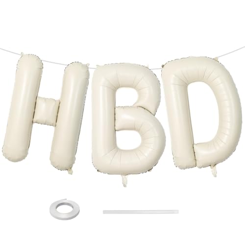 40 Inch Cream HBD Balloons for Boho Birthday Party Decorations Giant Beige HBD Letter Foil Mylar Balloon Banner Helium Supported Ivory White Sand Neutral Happy Birthday Sign for Girls Women Boys Men