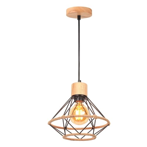TOKIUS Industrielle Pendelleuchte 22CM Vintage Hängelampe E27 Lampe aus Holz Eisen Retro Käfig Lampenschirm mit Hanfseil Schwarz Hängeleuchte für Esstisch Küche Schlafzimmer (Pendellampe 1-flammig) TOKIUS Industrielle Pendelleuchte 22CM Vintage Hängelampe E27 Lampe aus Holz Eisen Retro Käfig Lampenschirm mit Hanfseil Schwarz Hängeleuchte für Esstisch Küche Schlafzimmer (Pendellampe 1-flammig)