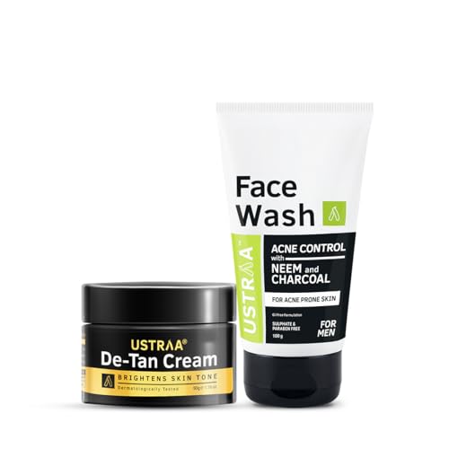 Image of Ustraa Face Wash Acne Control - With Neem & Charcoal - 100g - Oil control, Prevents Acne & De-Tan Face Cream For Men - 50g | for Effective Tan Removal & Even Skin tone | Without Bleach