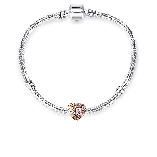 Polengju Pink Sparkling Leveled Hearts Beads Charms Necklace Bracelet 14K Rose Gold Plated With Cubic Zirconia For Mother'S Day Birthday Celebration Gifts Women thumb #2