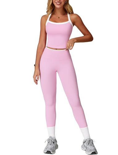 Womens Workout Sets Two Piece Seamless Cross Back Tank Top Matching Tummy Control High Waist Leggings Set 2 Piece For Women Gym Yoga Active Wear Outfits Athletic Work Out Clothes Colorblock Pink M