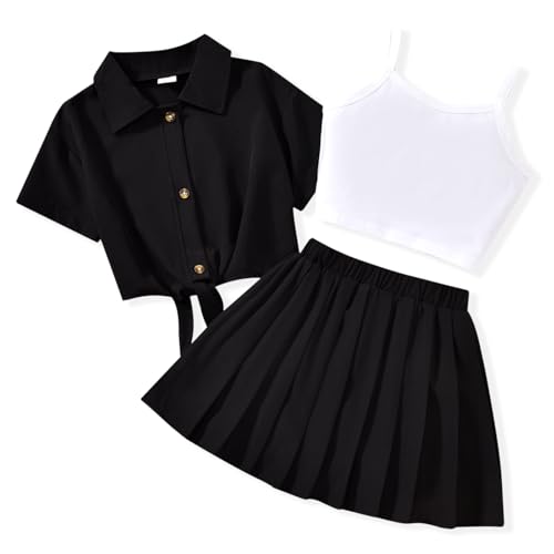 Image of HIHA Girls 3 Piece Outfit Cami Crop Tops Skirt Set with Button Down Shirts Size 6-12