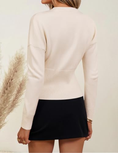 Image of ZESICA Women's Fall Sweaters Crewneck Cinched Waist Pullover Tops