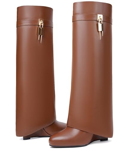 Image of Fold Over Boots for Women Pointy Pull-on Wedge Heel Knee Shark Boot With Side Zipper Padlock Design