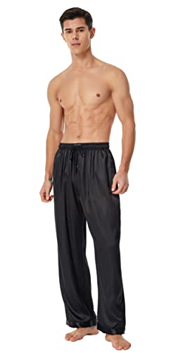 Men's Satin Silk Pajama Pants Long PJ Bottoms, Lounge Sleep Pants with Pockets Pack3