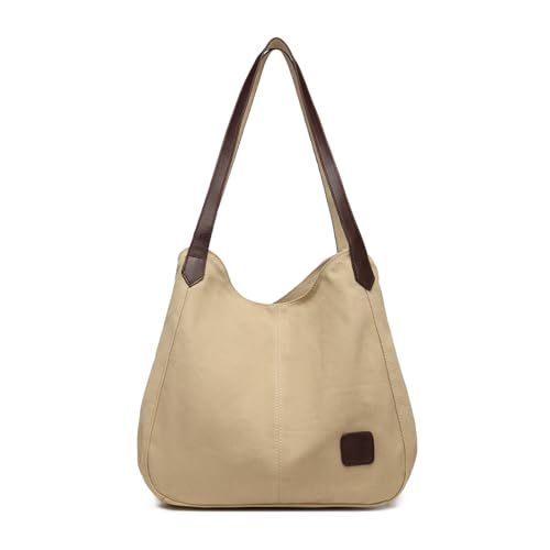 Kono Bolso de hombro de lona para mujer, vintage, múltiples bolsillos, asa superior, para compras, trabajo, escuela, viajes, casual, diario, Khaki, M