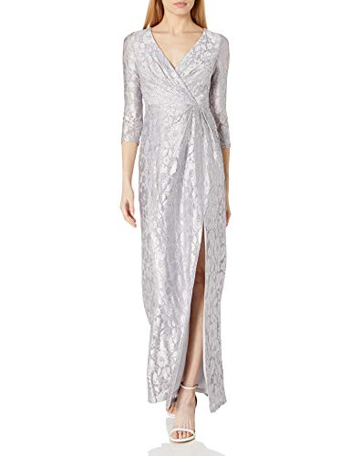 Adrianna Papell Women's Long Sleeve Wrap Lace Gown, Silver, 16