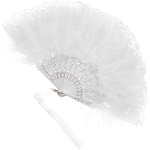 BESPORTBLE Abanico Plegable Vintage de Encaje y Plumas Color Marfil, Abanico de Mano Doble Faz Flecos para Boda y Fiesta, Accesorio Decorativo Retro para Novia y Eventos