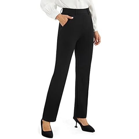 AFITNE Womens Straight Leg Black Work Trousers Ladies Yoga Dress Pants Stretchy Work Business Office Casual Bootcut Pull On Women Trousers with Pockets UK Black L Cover