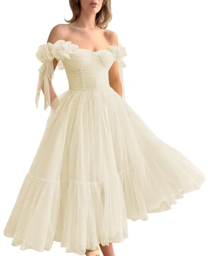 Dotted Tulle Off Shoulder Prom Dress for Women Sweetheart Midi Puffy Formal Party Gowns