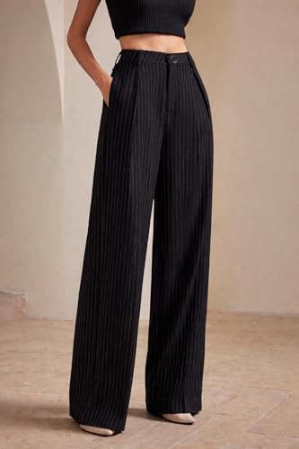 Image of KOTTY Women's Tailored Wide Leg Pinstripe Pants - High Waisted Straight Fit Work Trousers with Pockets, Elegant Office & Business Casual Wear