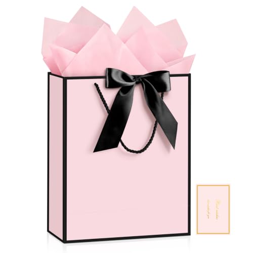 Image of JMANNI Pink Day Gift Bag, 1PCS 13 inch Gift Bags with Ribbon and 1 Greeting Cards 2 Tissue Paper, Portable Paper Gift Bag with Handles, Present Bags for Birthday Wedding Party Mothers Day (Pink-Black)