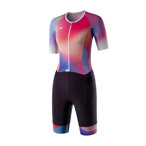 MY KILOMETRE Traje de Triatlón para Mujer Corta Manga – Trisuit con Cremallera Completa y Bolsillos Traseros Secado Rápido para Natación, Ciclismo y Carrera UPF50+