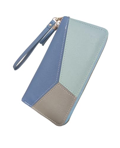Multifunctional Women's Wallets, Womens Purses Coin Purse with Card Holder, Leather Wallets for Women with Zipper Closure and Multiple Pockets (Blue, L)