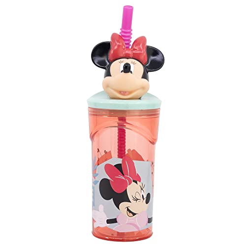 Stor Bicchiere Originale Disney Minnie in plastica da 360 ml per bambini con cannuccia rosa e tappo 3D topolino