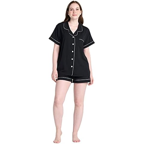 LAPASA Pijama Mujer Manga Corta y Pantalon Corto con Botones, Bolsillo y Cordon Ajustable L100 XL Negro Cover
