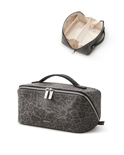 Image of EACHY Travel Makeup Bag, Large Capacity Cosmetic Bag for Women, Waterproof PU Leather, Flat Open Portable Toiletry Bag for Skincare, Brushes & Travel Essentials