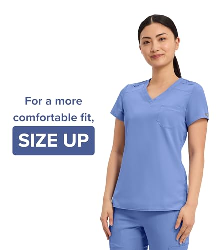 Image of Med Couture Women's V-Neck Scrub Top, Modern Fit Tuck-in Top with Stretchy Rib-Knit Shoulders and Chest Pocket - MC7448