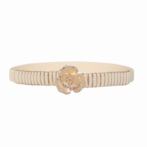 YooAi Womens Skinny Elastic Belt for Dresses Stretch Thin Waist Belt with Rhinestone Buckle Beige 74 M