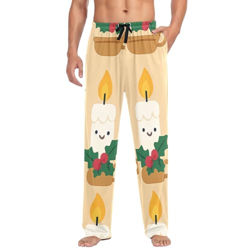 Christmas Candles Pattern Men's Pajama Bottoms Plaid Pajamas Pants for Men Soft Long Lounge Woven Pj Sleep Pant with Pockets