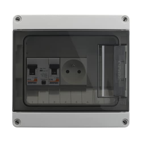 DEBFLEX - Coffret Electrique Etanche - Tableau Electrique 8 Modules - 1 Interrupteur Différentiel 40A/AC + 1 Disjoncteur 16A + 1 Prise - Idéal Extérieur/Jardin - Pose en Saillie - 196 x 190 x 120mm