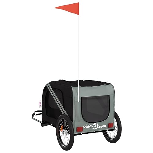 vidaXL Fahrradanhänger für Hunde, Hundeanhänger mit Reflektoren Flagge, Hundetransporter Maximale Belastbarkeit 45kg, Schwarz Grau Oxford-Gewebe Eisen
