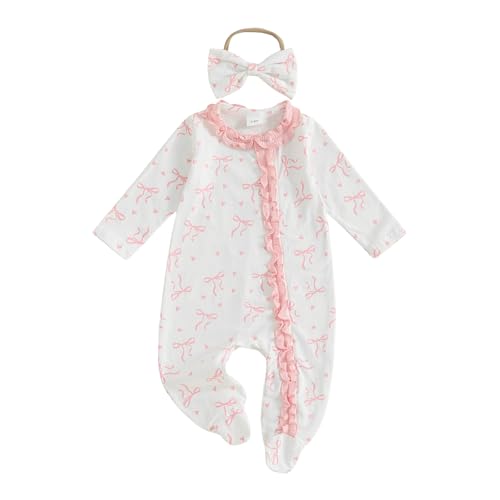 Image of BULINGNA Newborn Baby Girl Coming Home Outfit Bow Print Jumpsuit Ruffle Zipper Footed One-Piece Romper Clothes with Headband